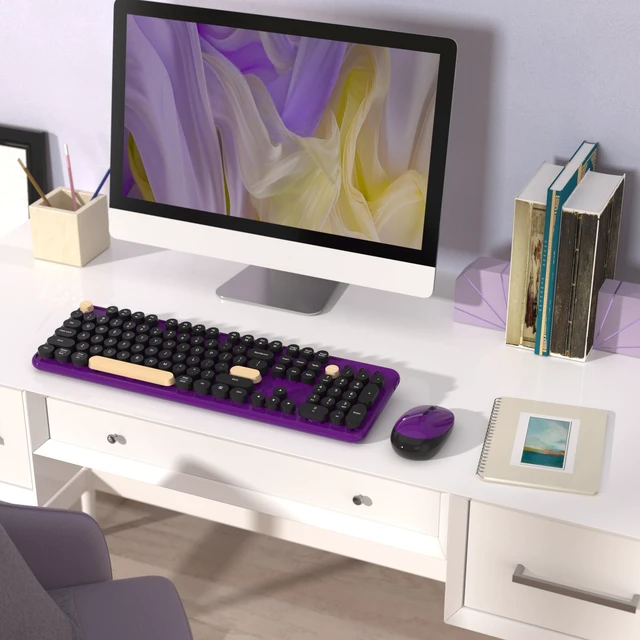 Alt view image 2 of 6 - Retro Wireless Keyboard and Mouse Combo with Wrist Rest (Violet) | COVEVA Aesthetic Typewriter Style, Full-Size Clicky Tactile Floating Round Keys, 2.4GHz Ergonomic Set for Mac, Windows