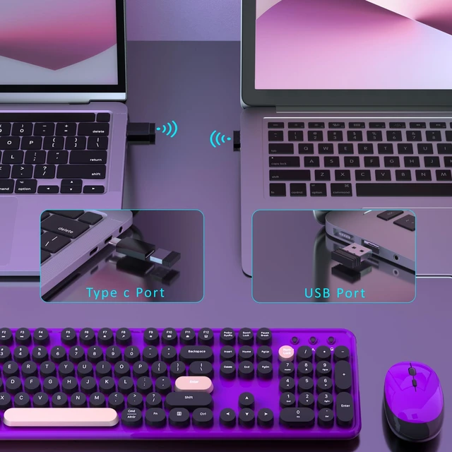 Alt view image 3 of 6 - Retro Wireless Keyboard and Mouse Combo with Wrist Rest (Violet) | COVEVA Aesthetic Typewriter Style, Full-Size Clicky Tactile Floating Round Keys, 2.4GHz Ergonomic Set for Mac, Windows
