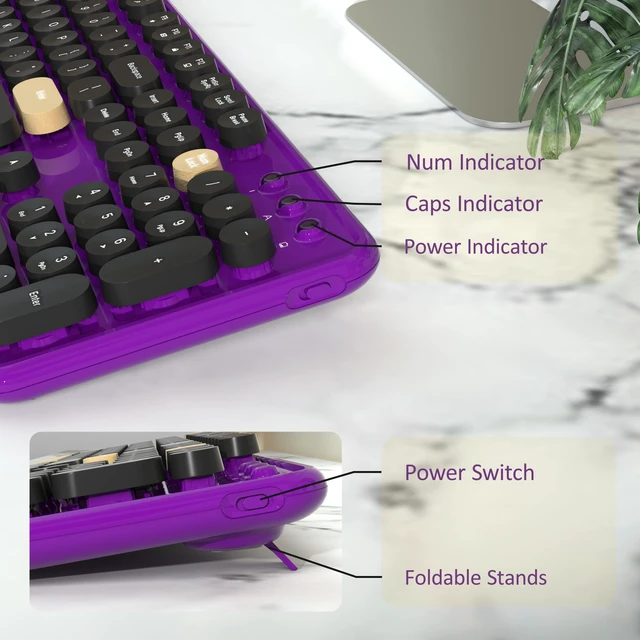 Alt view image 4 of 6 - Retro Wireless Keyboard and Mouse Combo with Wrist Rest (Violet) | COVEVA Aesthetic Typewriter Style, Full-Size Clicky Tactile Floating Round Keys, 2.4GHz Ergonomic Set for Mac, Windows