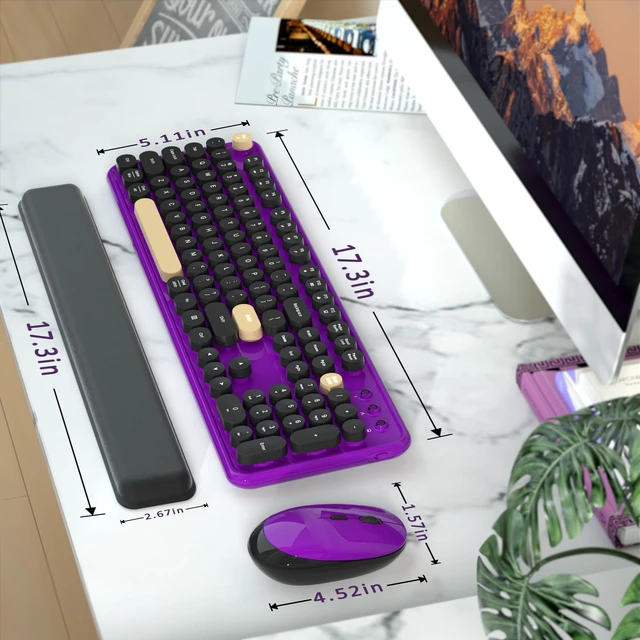 Alt view image 6 of 6 - Retro Wireless Keyboard and Mouse Combo with Wrist Rest (Violet) | COVEVA Aesthetic Typewriter Style, Full-Size Clicky Tactile Floating Round Keys, 2.4GHz Ergonomic Set for Mac, Windows