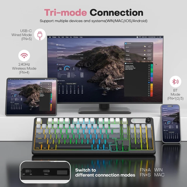 Alt view image 3 of 7 - Wireless Creamy Keyboard, 98 Key Quiet Bluetooth Keyboard w/Number Pad | Silent Keyboard, BT/2.4G/USB, RGB Backlit, 4000mAh Rechargeable Key board, Knob, Side Printed Keycaps for Win/Mac (Grey)