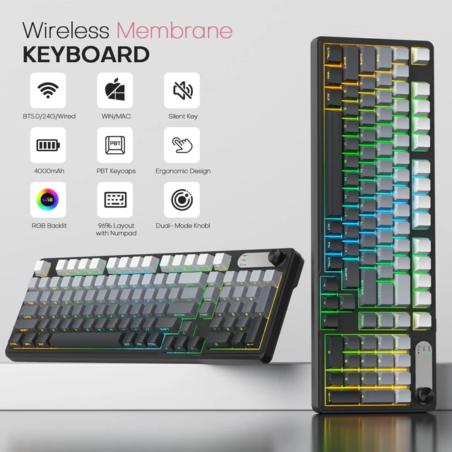 Alt view image 2 of 7 - Wireless Creamy Keyboard, 98 Key Quiet Bluetooth Keyboard w/Number Pad | Silent Keyboard, BT/2.4G/USB, RGB Backlit, 4000mAh Rechargeable Key board, Knob, Side Printed Keycaps for Win/Mac (Grey)