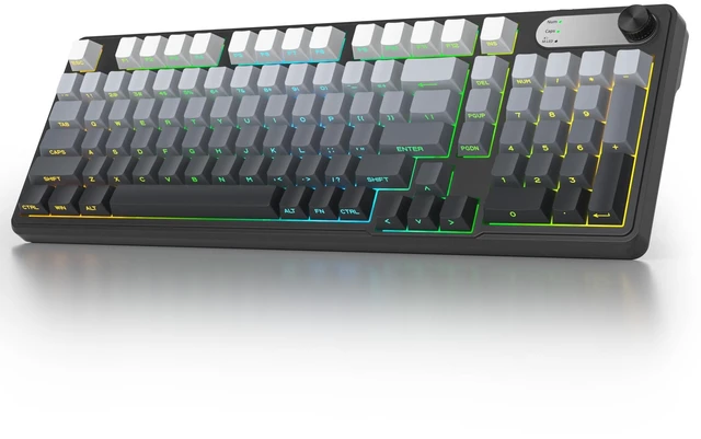 Main image of Wireless Creamy Keyboard, 98 Key Quiet Bluetooth Keyboard w/Number Pad | Silent Keyboard, BT/2.4G/USB, RGB Backlit, 4000mAh Rechargeable Key board, Knob, Side Printed Keycaps for Win/Mac (Grey)