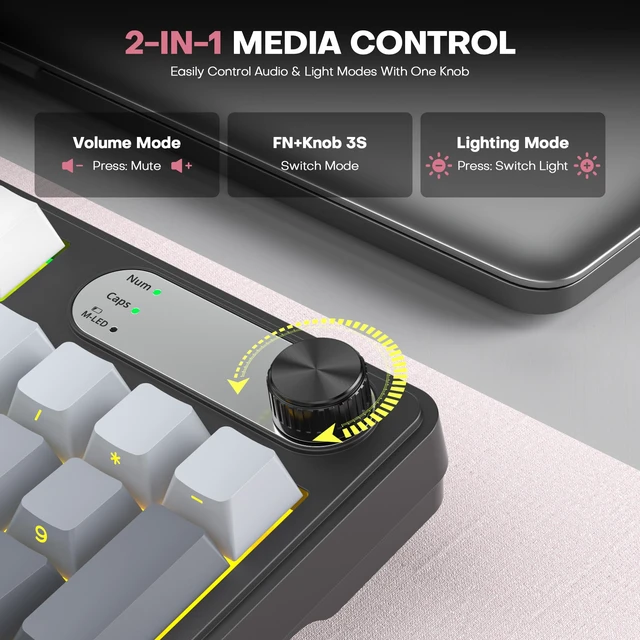 Alt view image 5 of 7 - Wireless Creamy Keyboard, 98 Key Quiet Bluetooth Keyboard w/Number Pad | Silent Keyboard, BT/2.4G/USB, RGB Backlit, 4000mAh Rechargeable Key board, Knob, Side Printed Keycaps for Win/Mac (Grey)