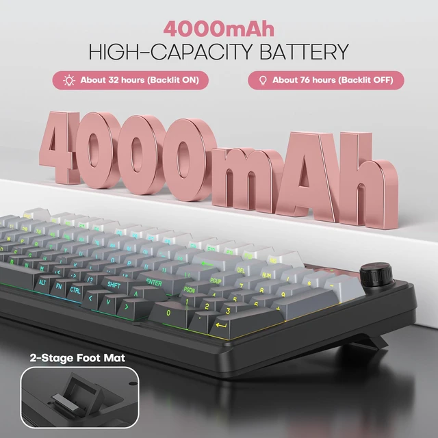 Alt view image 7 of 7 - Wireless Creamy Keyboard, 98 Key Quiet Bluetooth Keyboard w/Number Pad | Silent Keyboard, BT/2.4G/USB, RGB Backlit, 4000mAh Rechargeable Key board, Knob, Side Printed Keycaps for Win/Mac (Grey)