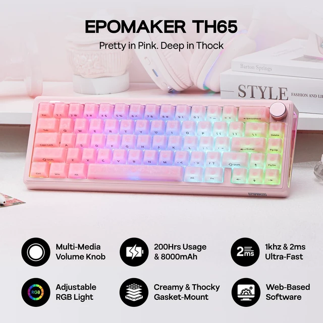 Alt view image 2 of 7 - TH65 Wireless Mechanical Gaming Keyboard with Knob & 8000mAh | Adjustable Kickstand for Comfort Typing, 65%, BT/2.4GHz/USB-C, Hot-Swap, Creamy& Thocky Gasket (Pink, Crystal)