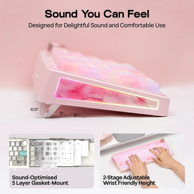 Alt view image 4 of 7 - TH65 Wireless Mechanical Gaming Keyboard with Knob & 8000mAh | Adjustable Kickstand for Comfort Typing, 65%, BT/2.4GHz/USB-C, Hot-Swap, Creamy& Thocky Gasket (Pink, Crystal)