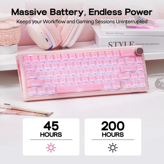 Alt view image 6 of 7 - TH65 Wireless Mechanical Gaming Keyboard with Knob & 8000mAh | Adjustable Kickstand for Comfort Typing, 65%, BT/2.4GHz/USB-C, Hot-Swap, Creamy& Thocky Gasket (Pink, Crystal)