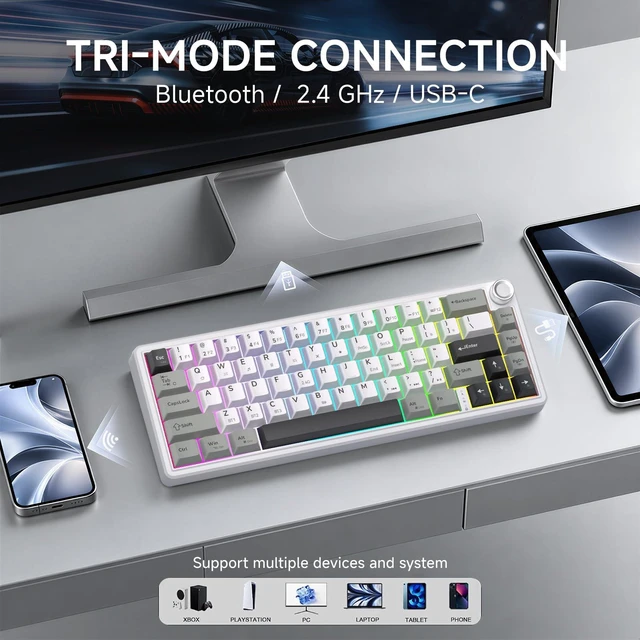 Alt view image 2 of 7 - T68Pro 60% Wireless Mechanical Gaming Keyboard, QMK/VIA GasketMount, TriMode 2.4G/Bluetooth/USBC, HotSwap, Volume Knob, NorthFacing RGB-Dawn White