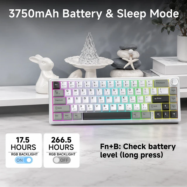 Alt view image 6 of 7 - T68Pro 60% Wireless Mechanical Gaming Keyboard, QMK/VIA GasketMount, TriMode 2.4G/Bluetooth/USBC, HotSwap, Volume Knob, NorthFacing RGB-Dawn White