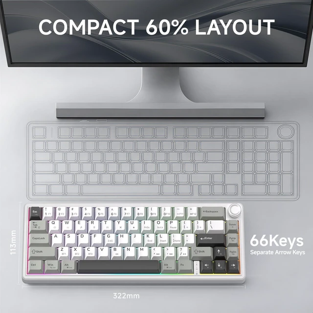 Alt view image 7 of 7 - T68Pro 60% Wireless Mechanical Gaming Keyboard, QMK/VIA GasketMount, TriMode 2.4G/Bluetooth/USBC, HotSwap, Volume Knob, NorthFacing RGB-Dawn White