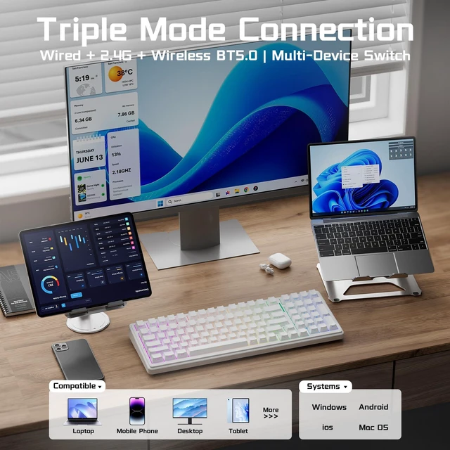Alt view image 3 of 7 - F99 Wireless Mechanical Creamy Keyboard with Number Pad for Computer | Side Printed PBT Keycaps, Gasket Structure Hot Swap, Creamy Sound, RGB Backlit, Tri-Mode Gaming Keyboard for PC/Laptop/Tablet