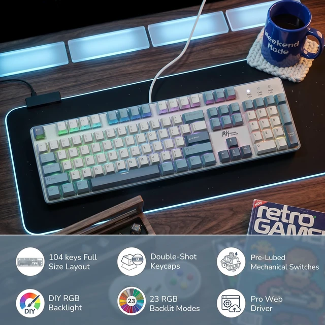 Alt view image 2 of 7 - RK ROYAL KLUDGE RK920 Full Size Mechanical Keyboard Wired, RGB Backlit | 104 Keys Computer Keyboard, Hot Swappable Custom Switches, Double-Shot PBT Keycaps, Anti-Ghosting Gaming Keyboard for PC Mac