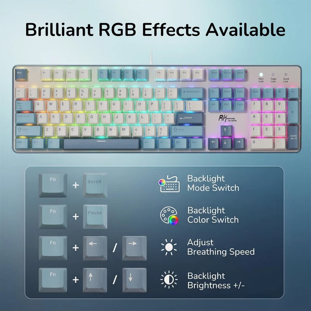 Alt view image 5 of 7 - RK ROYAL KLUDGE RK920 Full Size Mechanical Keyboard Wired, RGB Backlit | 104 Keys Computer Keyboard, Hot Swappable Custom Switches, Double-Shot PBT Keycaps, Anti-Ghosting Gaming Keyboard for PC Mac