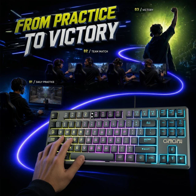 Alt view image 2 of 7 - TKL Gaming Keyboard Wired, Anti Ghosting 87 Keys FPS for PC PS5 | 3-Color RGB Backlit No Software, Compact TKL 20% Space Saved, Spill-Resistant, Plug & Play for PC/Mac/PS5/Xbox