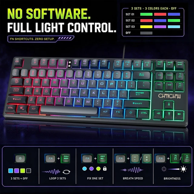 Alt view image 4 of 7 - TKL Gaming Keyboard Wired, Anti Ghosting 87 Keys FPS for PC PS5 | 3-Color RGB Backlit No Software, Compact TKL 20% Space Saved, Spill-Resistant, Plug & Play for PC/Mac/PS5/Xbox