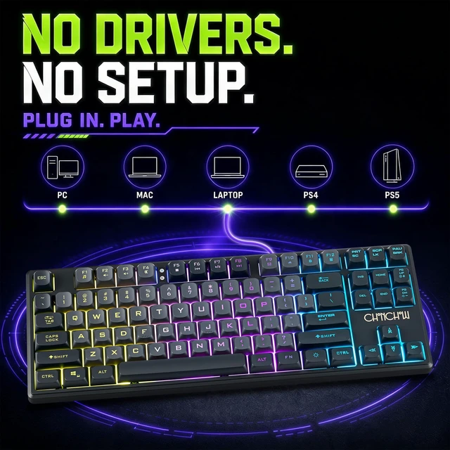 Alt view image 7 of 7 - TKL Gaming Keyboard Wired, Anti Ghosting 87 Keys FPS for PC PS5 | 3-Color RGB Backlit No Software, Compact TKL 20% Space Saved, Spill-Resistant, Plug & Play for PC/Mac/PS5/Xbox