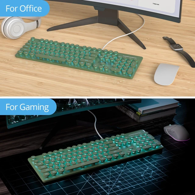Alt view image 7 of 7 - Quiet Keyboard Wired Membrane Keyboard Green, Full Size 104 Keys Typewriter Key Board with Number Pad, Blue LED Backlit, Round Keycaps, Cute Computer Keyboards (Dark Green)