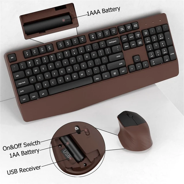 Alt view image 6 of 6 - Ergonomic Wireless Keyboard and Mouse Combo with Wrist Rest (Black Coffee) | COVEVA Full Size Keyboard with 12 Dedicated Shortcuts, Smart Auto-Sleep, 2.4GHz Receiver, Natural Typing for PC Laptop