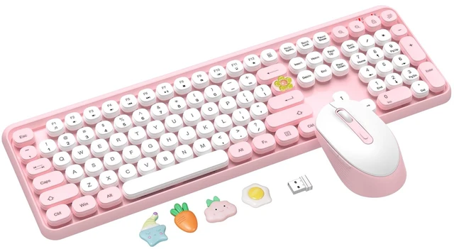 Main image of Wireless Keyboard and Mouse Combo, Cute Typewriter Round Keycaps, Pink | Retro Pink Keyboards, Full Size, Soft Typing, 6 Button USB Mouse, Sleep Mode, Adjustable Feet, for Laptop/PC/Computer/Win/Mac