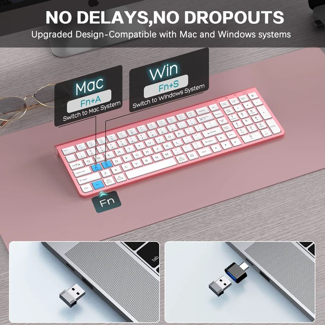 Alt view image 3 of 7 - Pink Wireless Keyboard,USB & Type C 2-in-1 Receiver, Full-Sized Ergonomic Computer Keyboard with Cover,Compatible with Windows/Mac/PC/Laptop