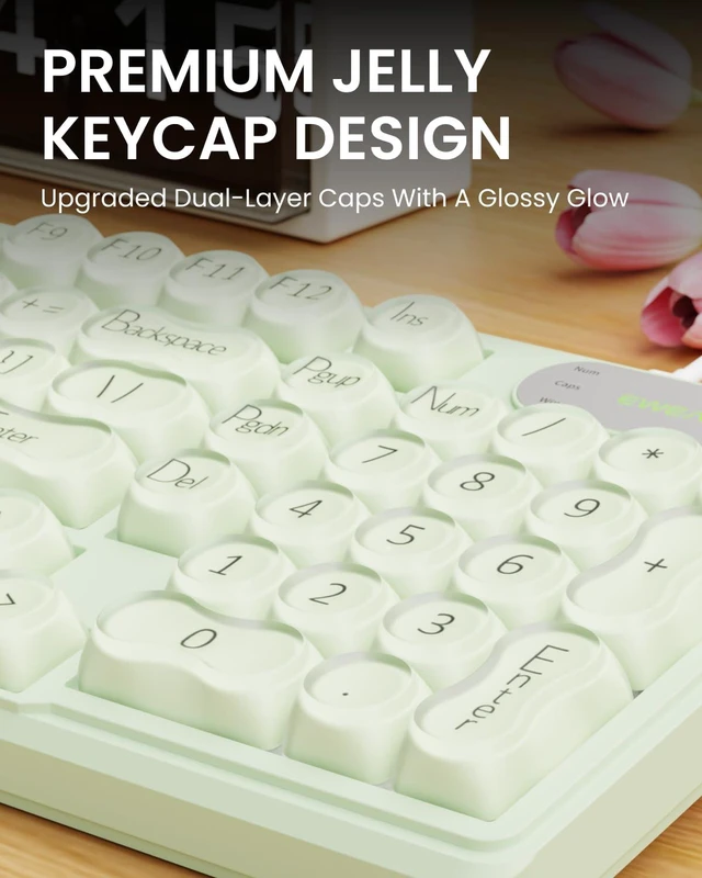 Alt view image 2 of 7 - Wired Creamy Keyboard with Number Pad, Media Knob, RGB Backlit-Green | 98-Key Quiet Computer Keyboard, Jelly keycaps, Display Screen, 2-Stage Feet, Cute for Windows, PC, Laptop, EWEADN V102