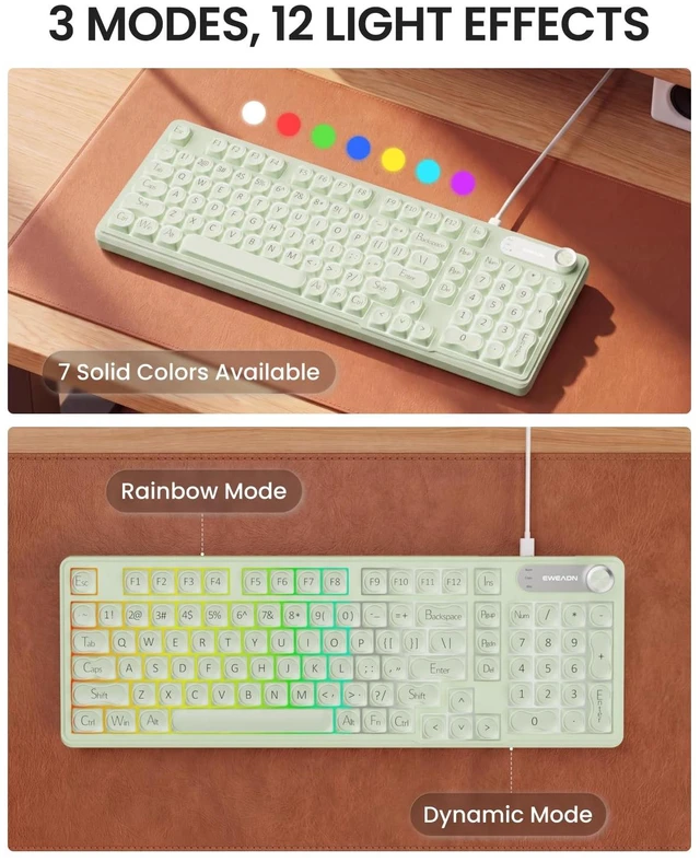 Alt view image 3 of 7 - Wired Creamy Keyboard with Number Pad, Media Knob, RGB Backlit-Green | 98-Key Quiet Computer Keyboard, Jelly keycaps, Display Screen, 2-Stage Feet, Cute for Windows, PC, Laptop, EWEADN V102
