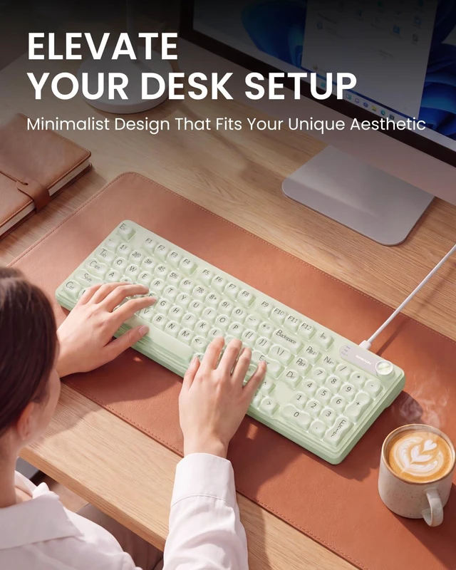 Alt view image 7 of 7 - Wired Creamy Keyboard with Number Pad, Media Knob, RGB Backlit-Green | 98-Key Quiet Computer Keyboard, Jelly keycaps, Display Screen, 2-Stage Feet, Cute for Windows, PC, Laptop, EWEADN V102