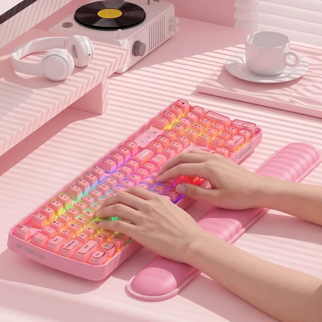 Alt view image 5 of 7 - RGB Arc Wireless Keyboard, BT/2.4G/Wired Tri-Mode, Full Size Crystal Texture Translucent Jelly Keycaps, 2000mAh Rechargeable, Compatible with PC/Notebook/Tablet/Smartphone (Pink)