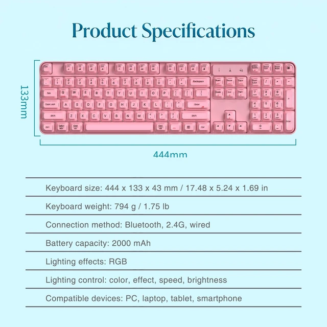 Alt view image 6 of 7 - RGB Arc Wireless Keyboard, BT/2.4G/Wired Tri-Mode, Full Size Crystal Texture Translucent Jelly Keycaps, 2000mAh Rechargeable, Compatible with PC/Notebook/Tablet/Smartphone (Pink)