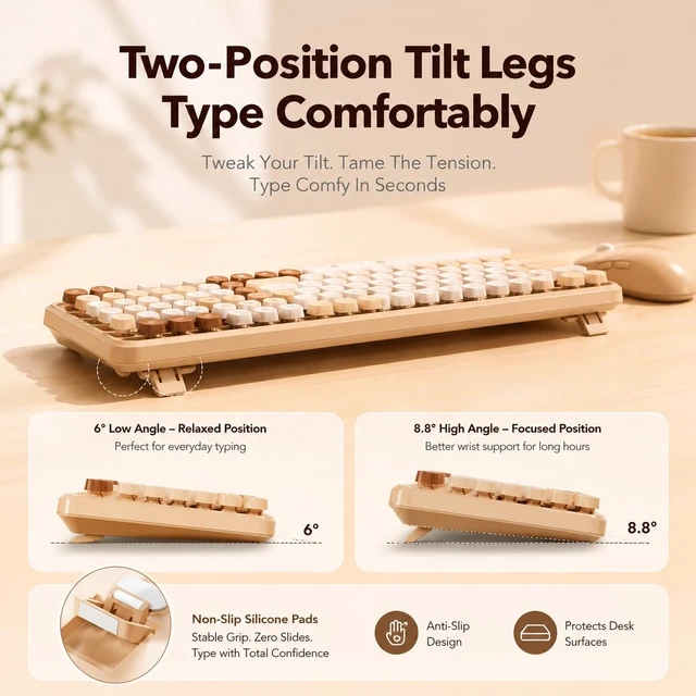 Alt view image 4 of 7 - Wireless Keyboard Mouse Combo, Cream Latte, Round Keycaps, Tablet Holder | Full-Size Typewriter Style Keyboard, Tilt Legs, 3 DPI Mouse, Auto Sleep, 2.4GHz for MacOS, Windows PC, Laptop, Trueque CK13