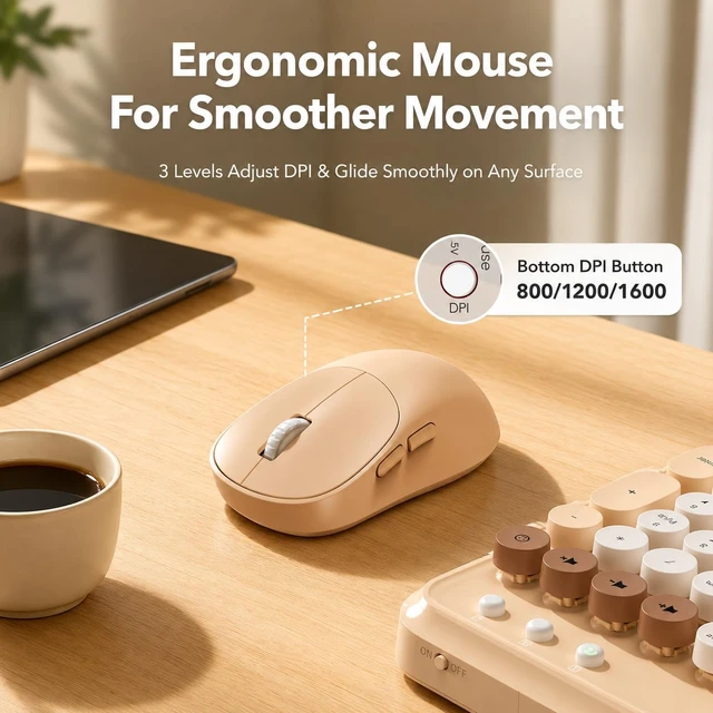 Alt view image 6 of 7 - Wireless Keyboard Mouse Combo, Cream Latte, Round Keycaps, Tablet Holder | Full-Size Typewriter Style Keyboard, Tilt Legs, 3 DPI Mouse, Auto Sleep, 2.4GHz for MacOS, Windows PC, Laptop, Trueque CK13