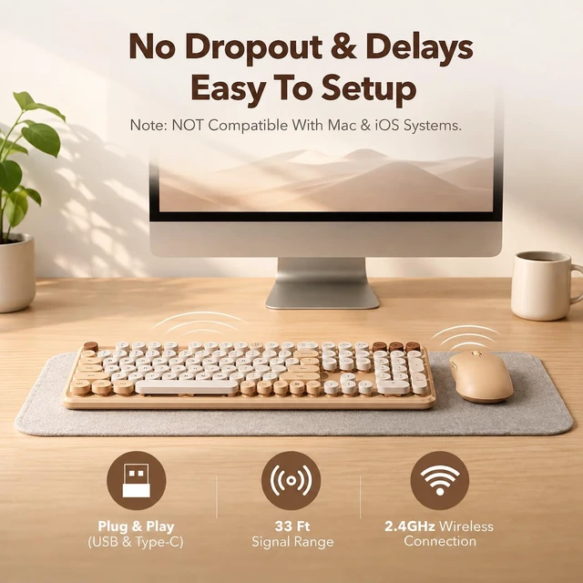 Alt view image 7 of 7 - Wireless Keyboard Mouse Combo, Cream Latte, Round Keycaps, Tablet Holder | Full-Size Typewriter Style Keyboard, Tilt Legs, 3 DPI Mouse, Auto Sleep, 2.4GHz for MacOS, Windows PC, Laptop, Trueque CK13