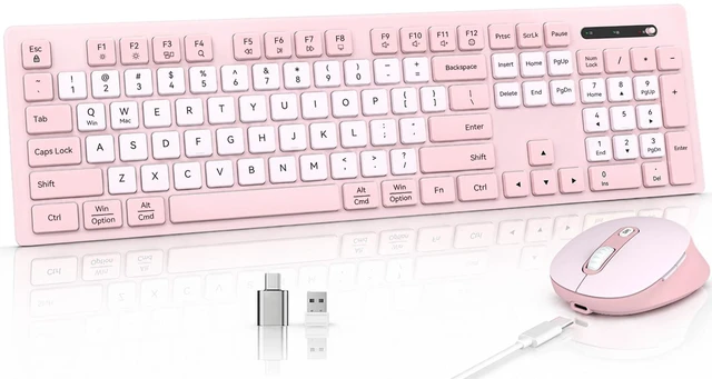 Main image of Rechargeable 2.4Ghz Wireless Keyboard and Mouse Combo - Pink | Full Size with Number Pad, 4-Level DPI Adjustable Silent Mouse, Ergonomic Stands, USB-A & USB-C Connectivity, for Windows/Mac
