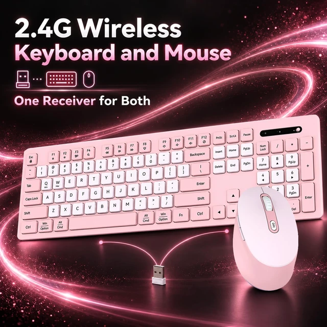 Alt view image 2 of 7 - Rechargeable 2.4Ghz Wireless Keyboard and Mouse Combo - Pink | Full Size with Number Pad, 4-Level DPI Adjustable Silent Mouse, Ergonomic Stands, USB-A & USB-C Connectivity, for Windows/Mac