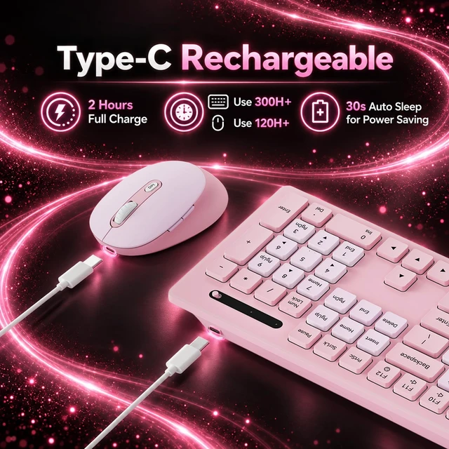 Alt view image 3 of 7 - Rechargeable 2.4Ghz Wireless Keyboard and Mouse Combo - Pink | Full Size with Number Pad, 4-Level DPI Adjustable Silent Mouse, Ergonomic Stands, USB-A & USB-C Connectivity, for Windows/Mac