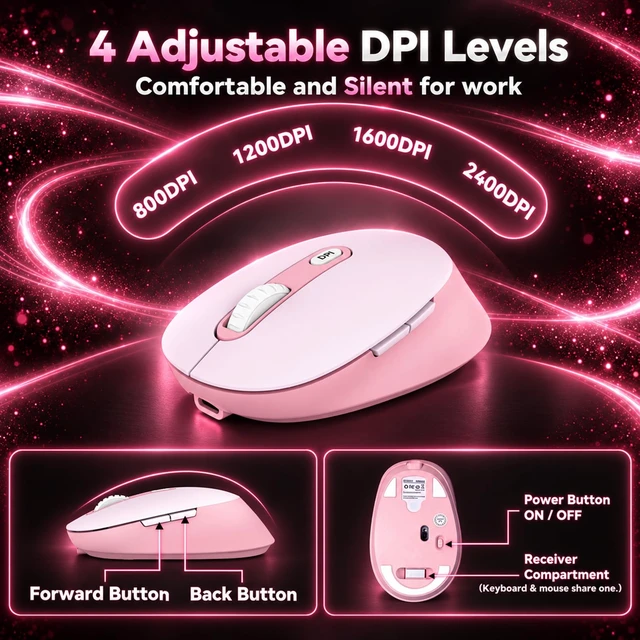 Alt view image 4 of 7 - Rechargeable 2.4Ghz Wireless Keyboard and Mouse Combo - Pink | Full Size with Number Pad, 4-Level DPI Adjustable Silent Mouse, Ergonomic Stands, USB-A & USB-C Connectivity, for Windows/Mac