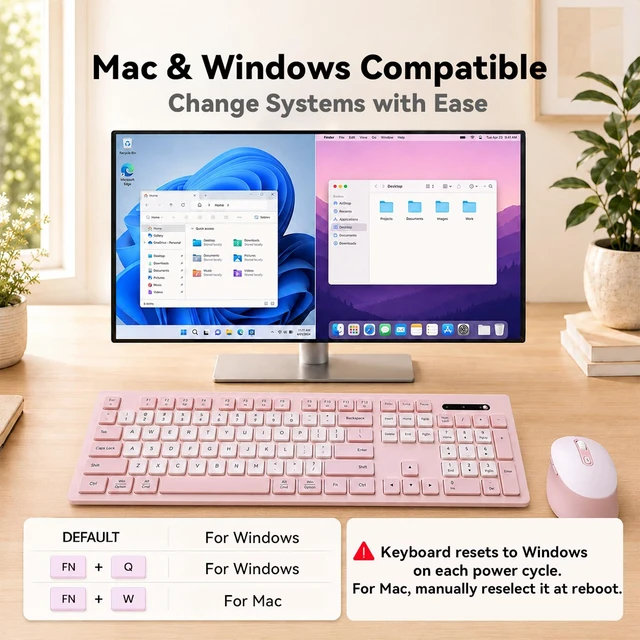 Alt view image 5 of 7 - Rechargeable 2.4Ghz Wireless Keyboard and Mouse Combo - Pink | Full Size with Number Pad, 4-Level DPI Adjustable Silent Mouse, Ergonomic Stands, USB-A & USB-C Connectivity, for Windows/Mac
