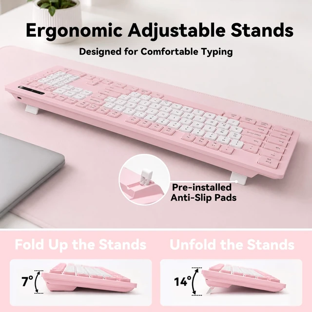 Alt view image 6 of 7 - Rechargeable 2.4Ghz Wireless Keyboard and Mouse Combo - Pink | Full Size with Number Pad, 4-Level DPI Adjustable Silent Mouse, Ergonomic Stands, USB-A & USB-C Connectivity, for Windows/Mac