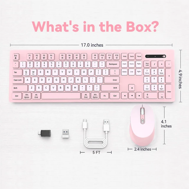 Alt view image 7 of 7 - Rechargeable 2.4Ghz Wireless Keyboard and Mouse Combo - Pink | Full Size with Number Pad, 4-Level DPI Adjustable Silent Mouse, Ergonomic Stands, USB-A & USB-C Connectivity, for Windows/Mac