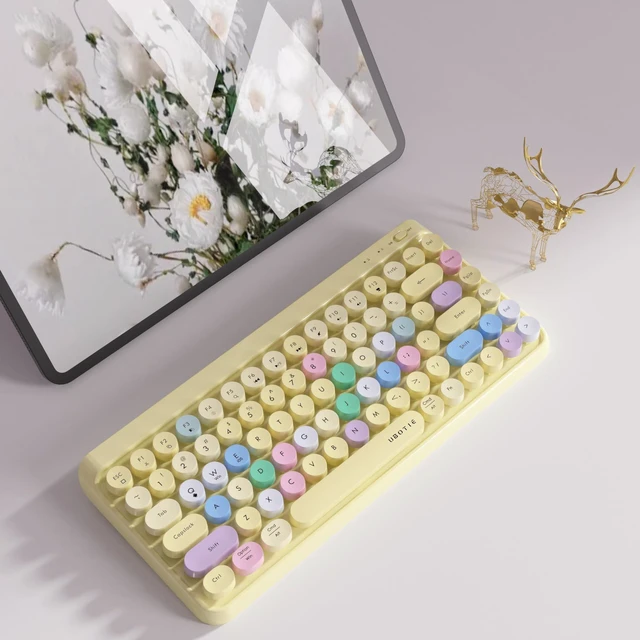 Alt view image 2 of 7 - Portable Bluetooth Colorful Keyboards (Yellow-Colorful) | Computer Wireless Mini Compact Retro Typewriter Flexible 84Keys Design Keyboard for PC Tablet