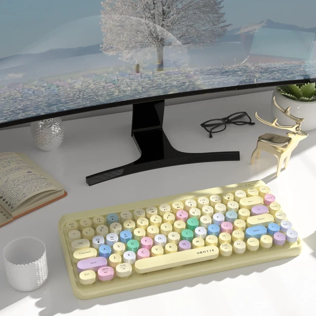 Alt view image 3 of 7 - Portable Bluetooth Colorful Keyboards (Yellow-Colorful) | Computer Wireless Mini Compact Retro Typewriter Flexible 84Keys Design Keyboard for PC Tablet