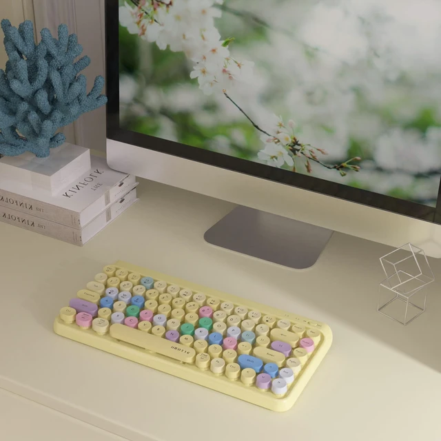 Alt view image 5 of 7 - Portable Bluetooth Colorful Keyboards (Yellow-Colorful) | Computer Wireless Mini Compact Retro Typewriter Flexible 84Keys Design Keyboard for PC Tablet