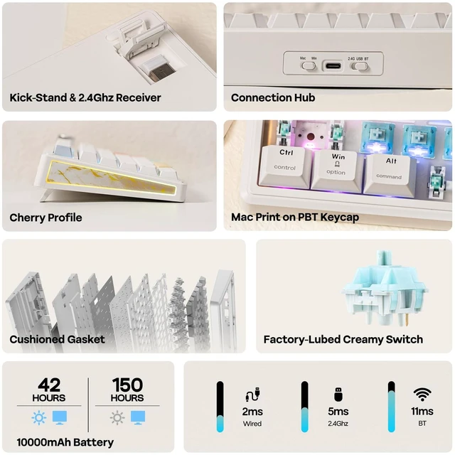 Alt view image 2 of 7 - TH80 V2 PRO Wireless Gaming Keyboard with Screen&Knob, 10000mAh | 2.4Ghz/BT/USB-C, RGB, Hot Swap, Custom Driver, NKRO, PBT Keycap, Mechanical Keyboard for PC/Mac (White, Creamy Jade)