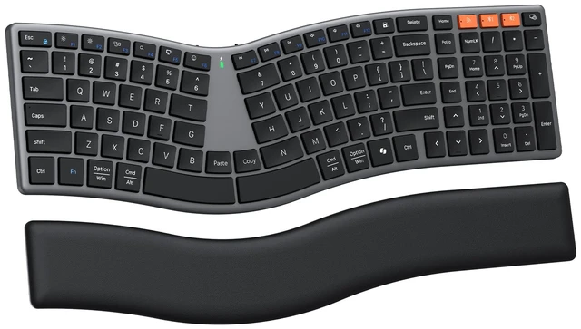 Main image of Slim Ergonomic Split Keyboard with Separate Wrist Rest, Black | Rechargeable low-profile scissor keyboard with split layout, dual Bluetooth & 2.4G wireless for easy multi-device switching.