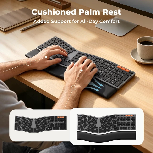 Alt view image 2 of 7 - Slim Ergonomic Split Keyboard with Separate Wrist Rest, Black | Rechargeable low-profile scissor keyboard with split layout, dual Bluetooth & 2.4G wireless for easy multi-device switching.
