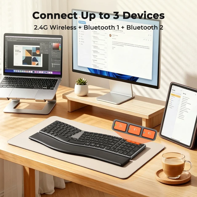 Alt view image 4 of 7 - Slim Ergonomic Split Keyboard with Separate Wrist Rest, Black | Rechargeable low-profile scissor keyboard with split layout, dual Bluetooth & 2.4G wireless for easy multi-device switching.