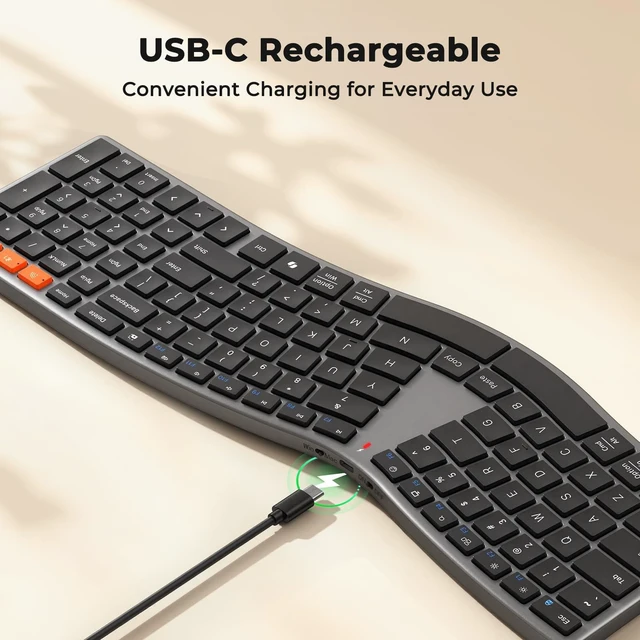 Alt view image 5 of 7 - Slim Ergonomic Split Keyboard with Separate Wrist Rest, Black | Rechargeable low-profile scissor keyboard with split layout, dual Bluetooth & 2.4G wireless for easy multi-device switching.