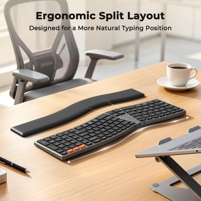 Alt view image 3 of 7 - Slim Ergonomic Split Keyboard with Separate Wrist Rest, Black | Rechargeable low-profile scissor keyboard with split layout, dual Bluetooth & 2.4G wireless for easy multi-device switching.