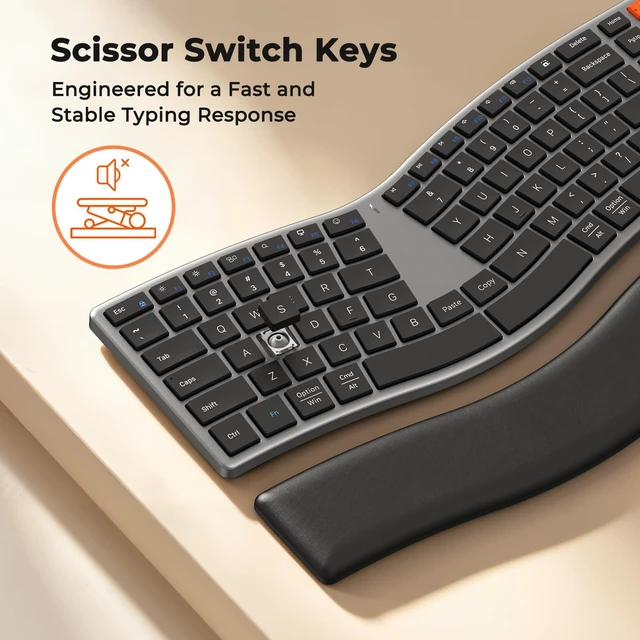 Alt view image 7 of 7 - Slim Ergonomic Split Keyboard with Separate Wrist Rest, Black | Rechargeable low-profile scissor keyboard with split layout, dual Bluetooth & 2.4G wireless for easy multi-device switching.